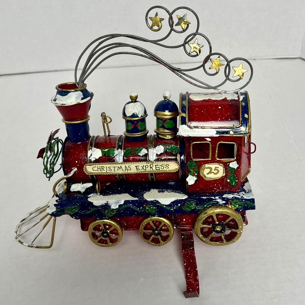 Christmas Express Train Stocking Holder Metal Red Blue Gold Holiday Mantel Decor